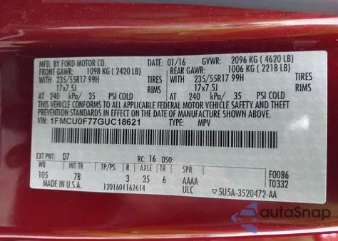 2016 Ford Escape S z USA, uszkodzony, nr VIN 1FMCU0F77GUC18621